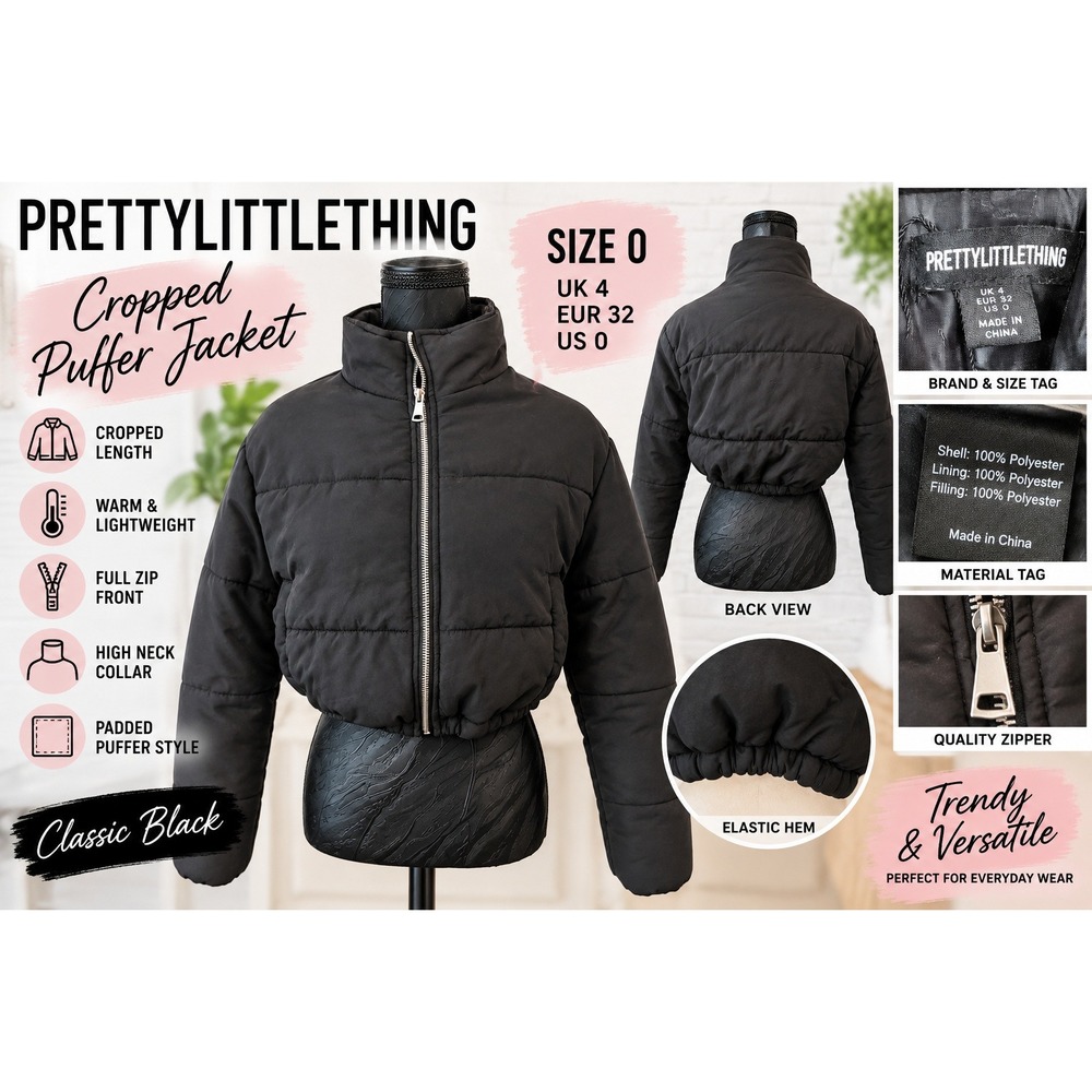 PrettyLittleThing Black Cropped Puffer Jacket Size 0 Full Zip High Neck Padded